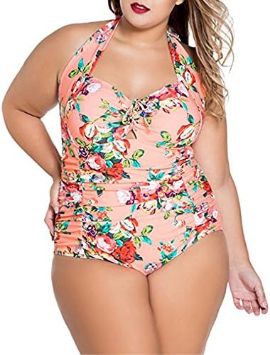 Women Tankini Monokini Swimsuits, Leamall Print Plus Size Swimming Suit Halter One Piece Bathing Suit Push-Up Padded Swimwear Bathing Suit (XXL, Pink)