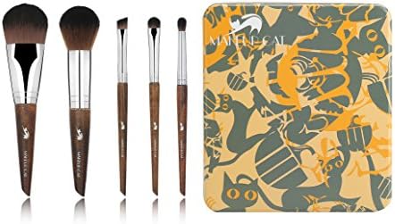 MAKEUP CAT Classic 5 Pieces Beech handle Makeup Brushes Set with Tin Box Professional Bronze Vegan Make Up Brush Vintage sets Contain Kabuki Foundation Powder Blush Shader Crease eyeliner eye Brushes