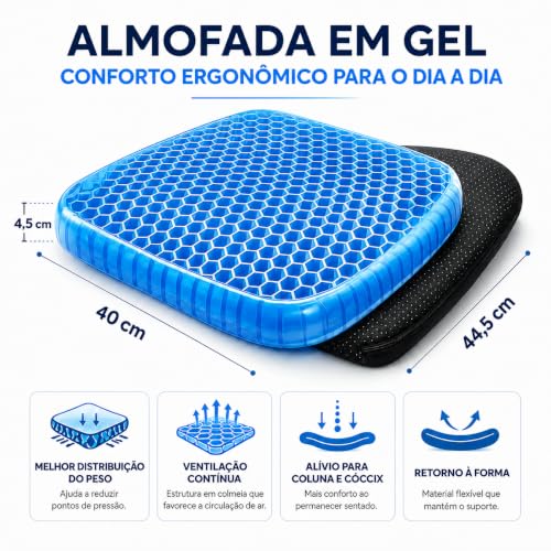 Almofada Ortopédica de Assento em Gel Silicone com Capa (Cóccix/Coluna) | Capa Lavável Antiderrapante, Para Cóccix, Coluna, Hemorroida, Para Idosos, Escritório, Cadeira de Rodas, Carro, Casa