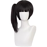 Haomascot Black Short Cosplay Wig with A Detachable Ponytail Halloween Costume Party Wigs for Women