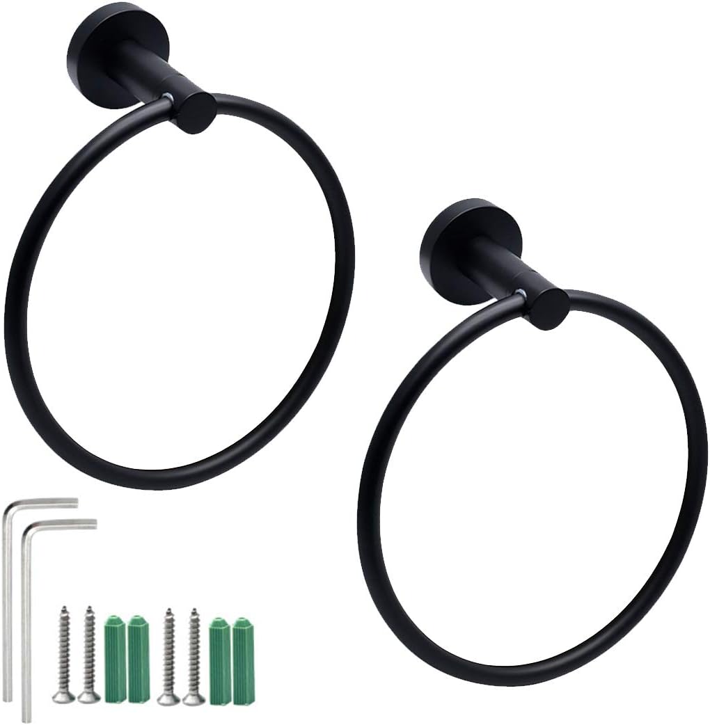 Jiozermi 2pcs Matte Black Towel Ring, Stainless Steel Swivel Hand Towel Holder Modern Round Door Hanger for Bathroom Hanger Kitchen Dishcloth Drying - - 