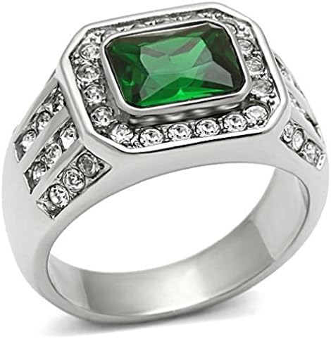 Men's Silver Stainless Steel Green Synthetic Stone Polished Ring, Size 8