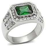 Men's Silver Stainless Steel Green Synthetic Stone Polished Ring, Size 10