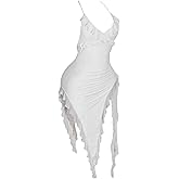 SOLY HUX Women's Summer Halter Dress Sexy Deep V Neck Backless Ruffle Asymmetric Hem Bodycon Party Club Midi Dresses