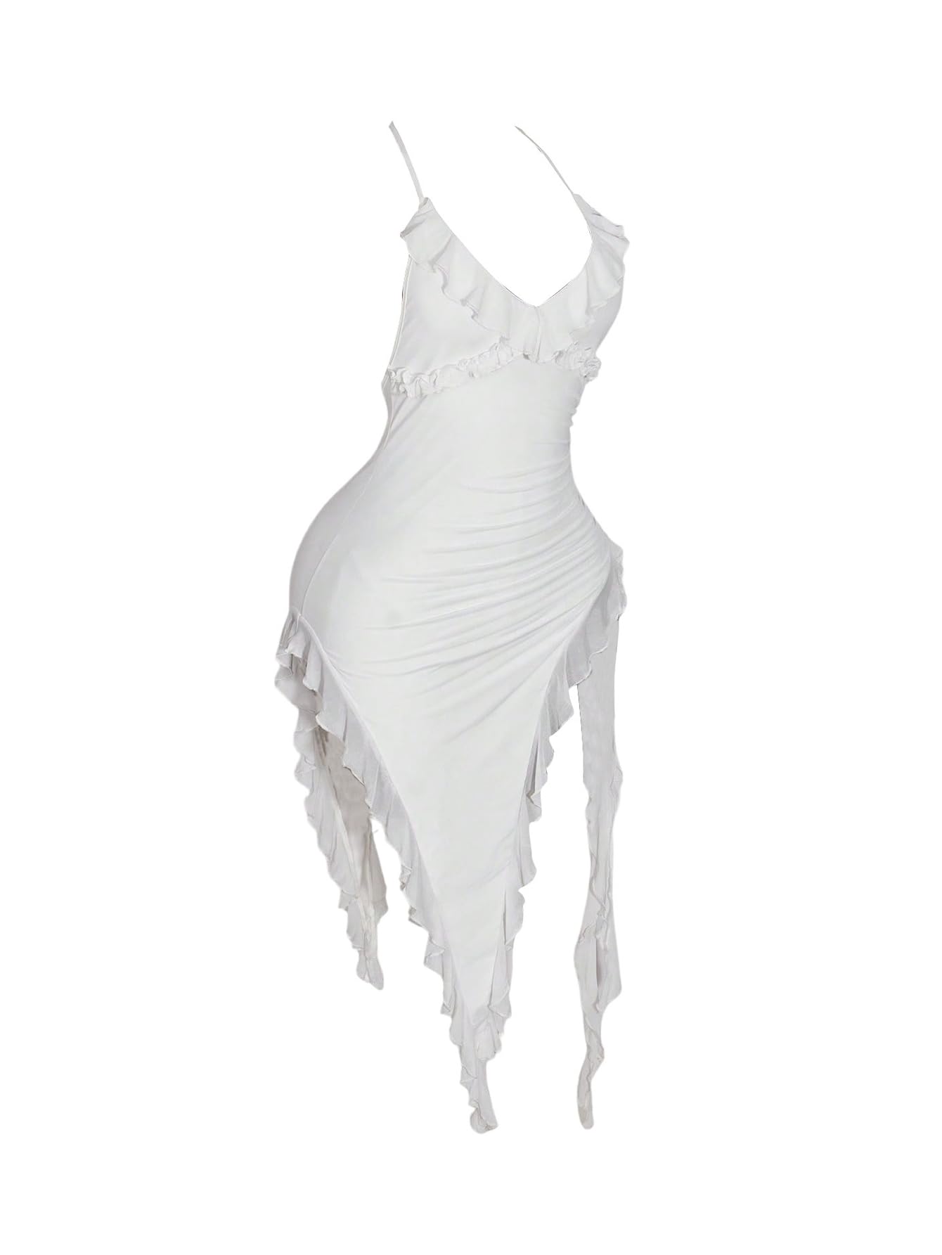 Photo 1 of SOLY HUX Women's Summer Halter Dress Sexy Deep V Neck Backless Ruffle Asymmetric Hem Bodycon Party Club Midi Dresses Plain White X-Small