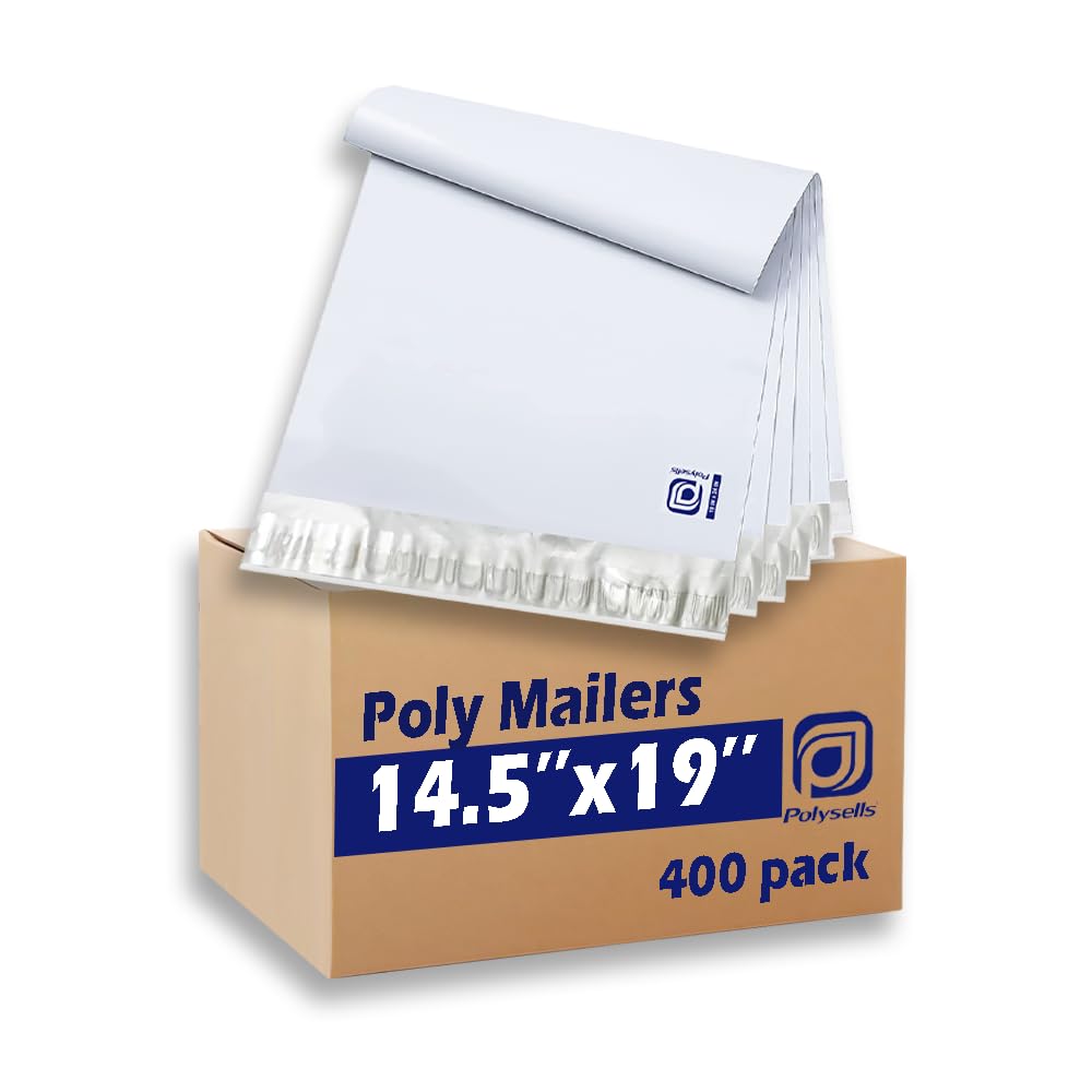 POLYSELLS 400 pcs 14.5x19 Inches White x Silver Poly Mailers Shipping Envelopes, Strong Adhesive Sealing, Waterproof, and Tear-resistant Postal Mailing Bags for Clothing, Books, and Accessories Image