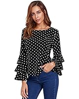 SheIn Women's Round Neck Ruffle Long Sleeve Blouse Polka-Black X-Large