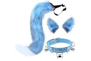 QinRuan Cat Ears and Wolf Fox Animal Tail Cosplay Costume Faux Fur Hair Clip Headdress Halloween Leather Neck Chocker Set