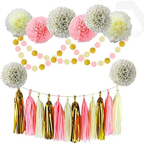 Pink Gold Cream Baby Shower Decorations Party Favors Glitter Gold Polka Dot Tissue Paper Flowers Pom Poms Tassel Garland Party Supplies for Girl Teen First Birthday Bridal (Gold-Pink-Cream)