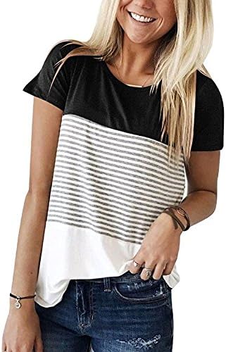 Sheup Women Tops Casual Short Sleeve Round Neck Color Block Stripe T-Shirt Blouse