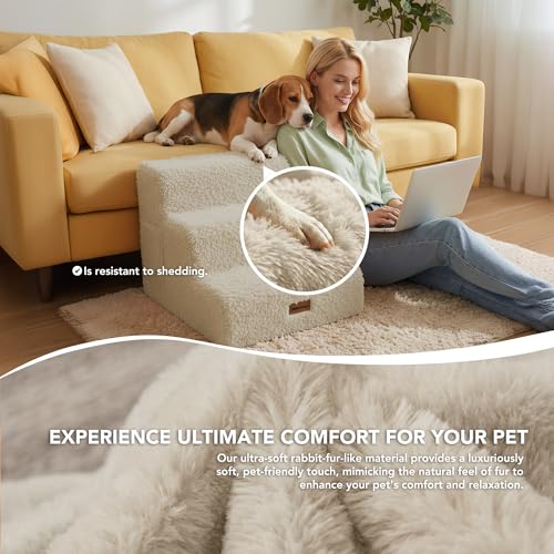 PETNOVO Escalera para Perros de 3 Peldaños para Sofá y Cama, Escalones para Perros Pequeños y Mayores con Felpa Ultrasuave, Base Antideslizante y Funda Lavable, Certificación Oeko-Tex, Beige Crema