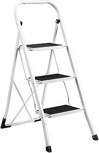 ACSTEP 3 Step Ladder Folding Step Stool Ladder with Handgrip Anti-Slip Sturdy and Wide Pedal Multi-Use for Household and Office Portable Step Stool Steel 330lbs White