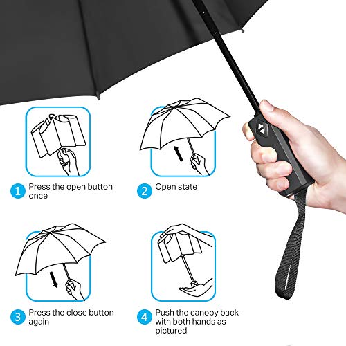 Wsky Windproof Umbrella for Travel, New Updated Comfortable Square Handle, 10 Reinforced Fiberglass Ribs with Teflon Canopy, Auto Open & Close-Black