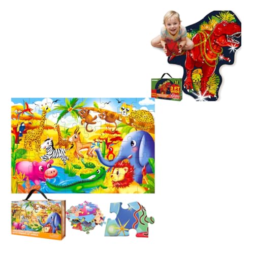 QUOKKA Set of 2 Giant Floor Puzzles for Kids - 48 Pieces Africa - 52 Pieces Dino
