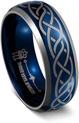 THREE KEYS JEWELRYMens Charming Jewelry Laser Celtic Knot Tungsten 6mm/8mm Wedding Carbide Blue Ring Band for Men Engagement Ring