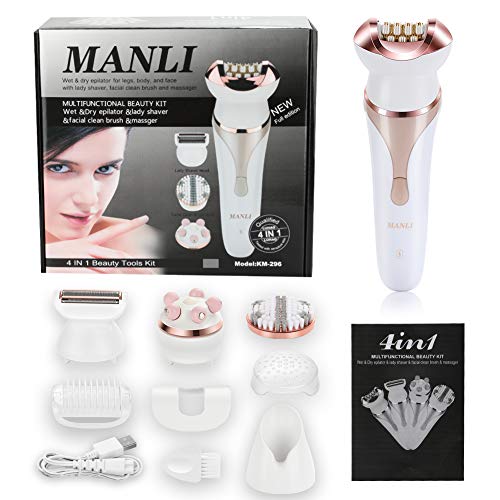 Epilator for Women, MANLI Lady Electric Shaver Set Cordless Waterproof 4 in 1 Shaver Electric Razor Including Wet & Dry Electronic Hair Removal Shaver, Facial Cleansing Brush and Body Massager