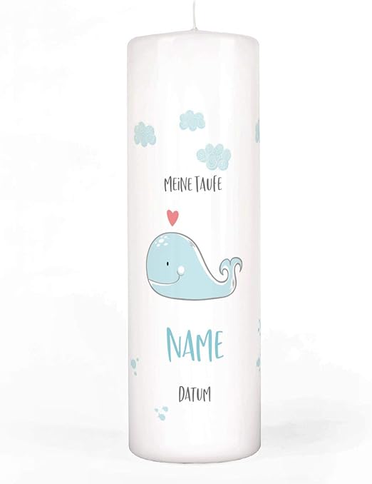 Striefchen Taufkerze Mit Niedlichen Wal Und Aufdruck Des Namen Und Datum Sowie Taufspruch Amazon De Kuche Haushalt