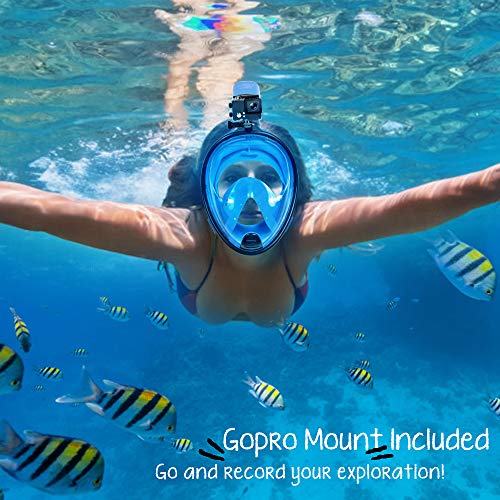 TOMOUNT Full Face Snorkel Mask - Dual-Snorkel for Easier Breathing, Shatterproof PC design, 180 degree viewing window, Anti-Fog & Anti-Leak, Skin Diving Snorkel Mask Full Face for Adult and Youth, L