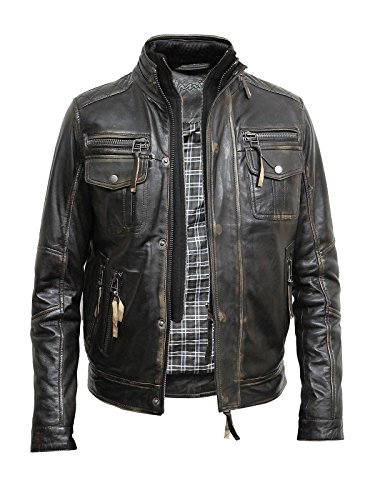Brandslock Men's Vintage Leather Biker Jacket distressed leather motorcycle jacket â–ºBEST SELLERâ—„ (Medium fits Chest 38-40 inches, Vintage Black)