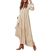 Scapodo Womens Casual Cotton Blend Maxi Dress V Neck Long Sleeve Flowing Beach Dress with Pockets and Buttons