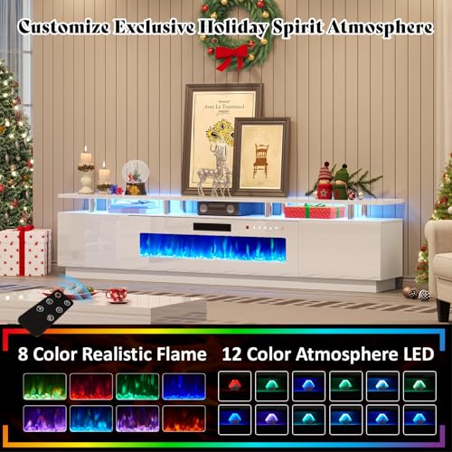Jocisland Fireplace TV Stand with 50" Fireplace, 90" Modern High Gloss Fireplace Entertainment Center LED Lights, 2 Tier TV Console Cabinet for TVs Up to 100", All White