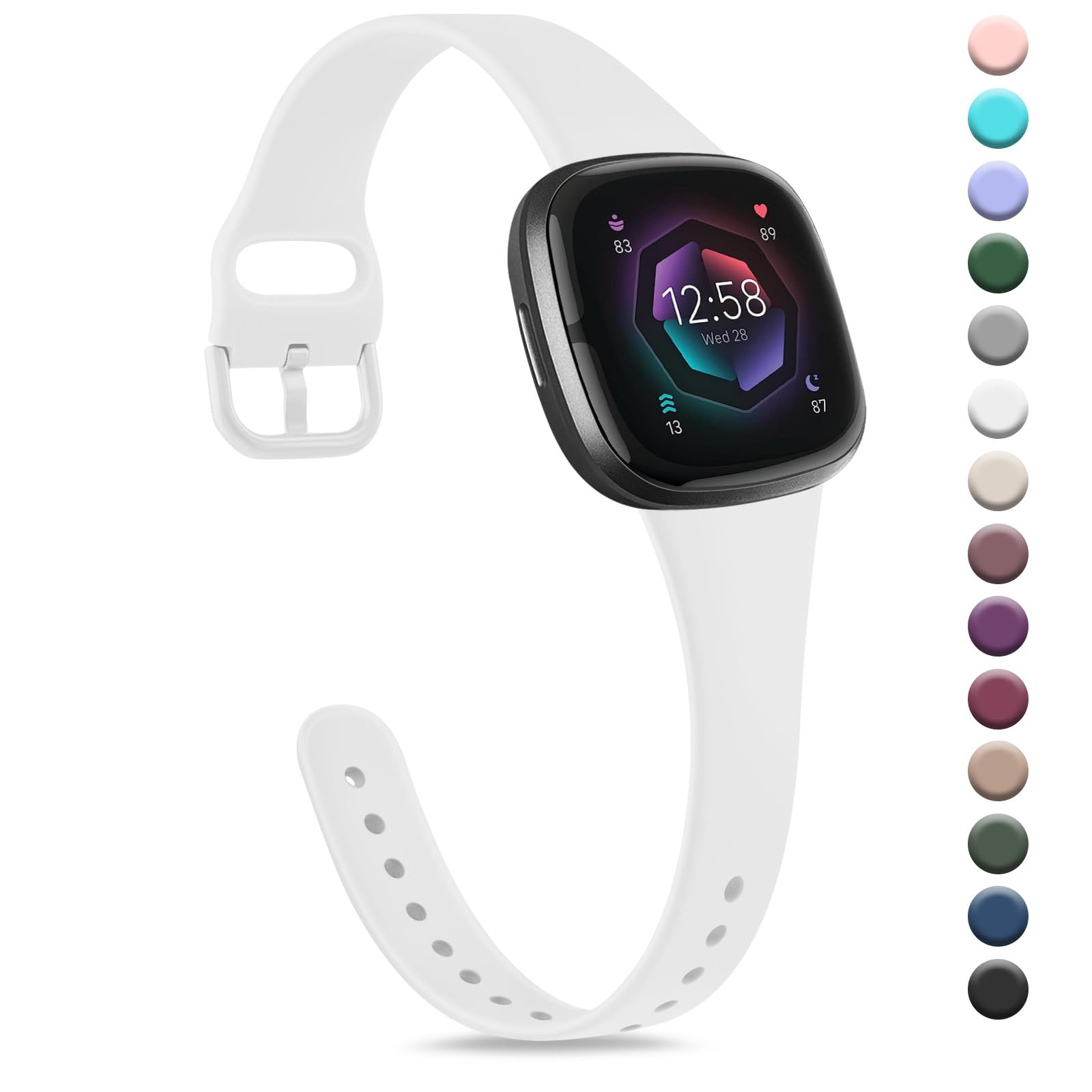 Strap compatible for Fitbit Versa 3 Straps/Sense/Sense 2 Strap for Women Men, Soft Slim Thin Silicone Replacement Band Wristband Watchband for Fitbit Versa 4 (White) — image 1