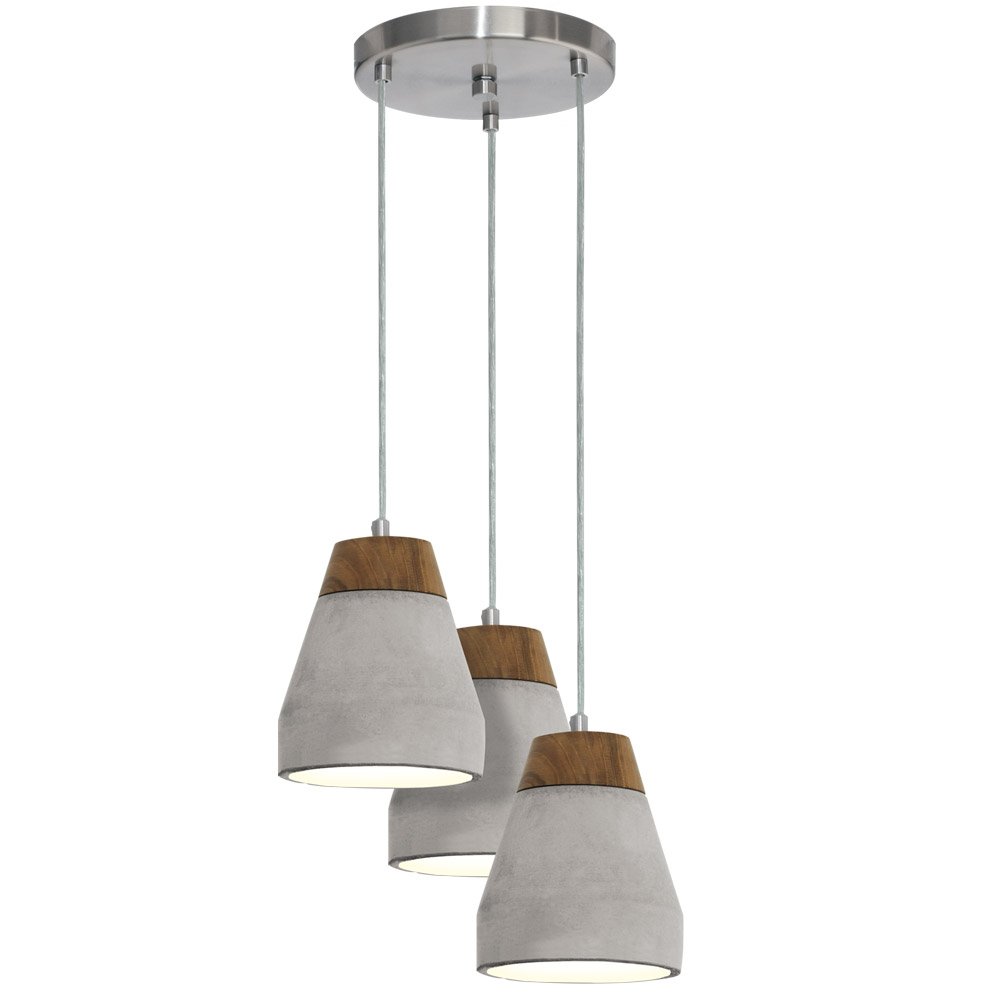 EGLO Tarega Pendant Lamp, 3 Bulbs Concrete Pendant Light, Material: Steel, Wood, Concrete, Colour: Grey, Brown, Socket: E27, Ø: 250 mm