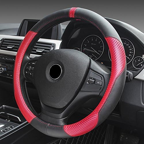 Seamong Leather Mixed Carbon Fiber Auto Steering Wheel Covers Universal 38CM/15 inch Breathable &amp; Anti Slip Steering Wheel Protector [Black&amp;Red]
