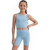 WELAKEN Girls 2 Piece Athletic Outfit Kids Yoga Crop Tank Top and Biker Shorts Set