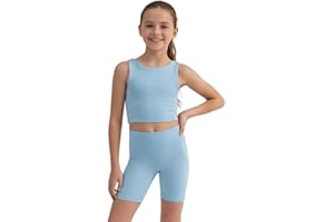 WELAKEN Girls 2 Piece Athletic Outfit Kids Yoga Crop Tank Top and Biker Shorts Set