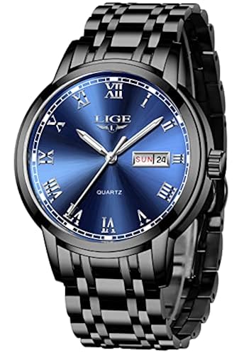 LIGE Mens Watches Stainless Steel Waterproof Analogue Quartz Watch