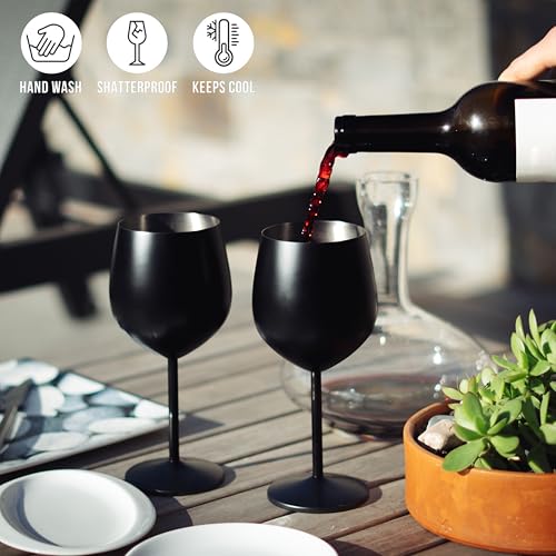 Olyra Home - Set of 2 Matte Black Stainless Steel Wine Glasses (530 ml) | Unbreakable Premium Metal Glasses | Thermal, BPA-Free and Easy to Wash | Ideal for Outdoor, Pool, Terrace and Gift