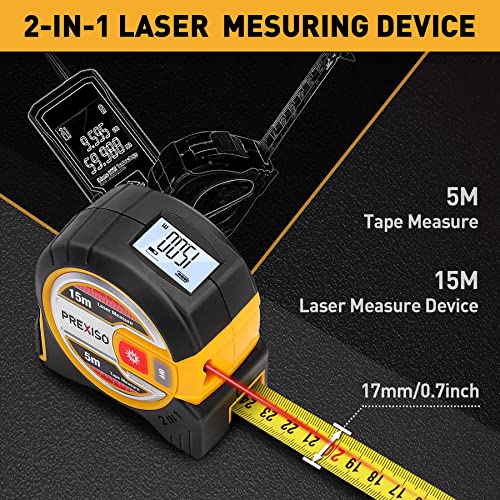 PREXISO [Metric Only] Laser Tape Measure, 2in1 Laser Measure 15m