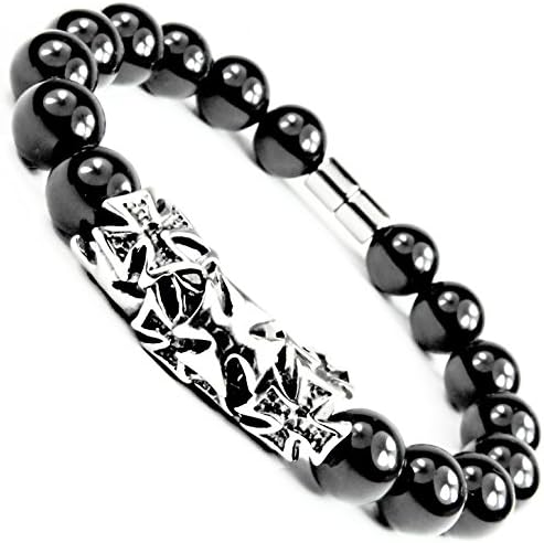 Silver Cross Black Tourmaline Bracelet - Premium 10mm Tourmaline - Magnetic Clasp - 3 Sizes