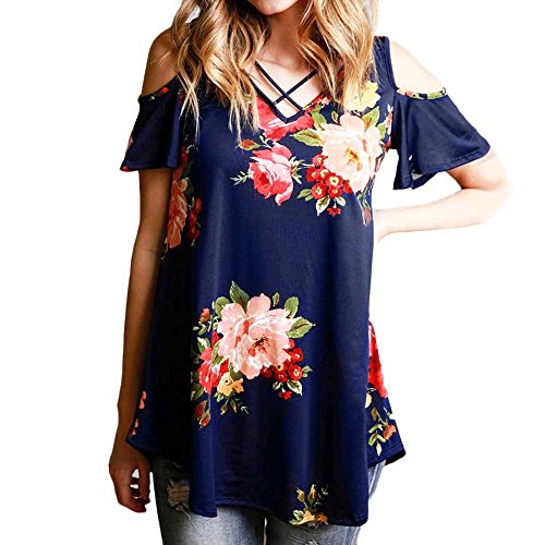 Women's Crisscross V-Neck Cold Shoulder Floral Top - Loose Fit Summer Tunic Blouse