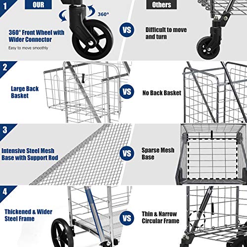 Goplus Folding Shopping Cart, Jumbo Double Basket Utility Grocery Cart