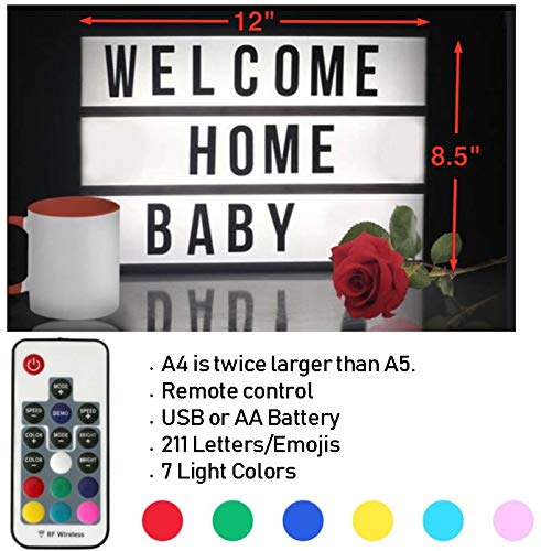 Large A4 Cinematic light box with Remote control and 211 letters and colored emojis. Light up letters for LED Message board, sign, marquee. USB and AA battery. Light up letter box By BestCircle