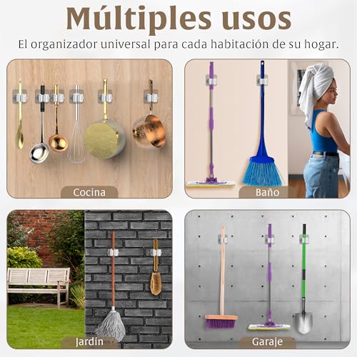 CJSME® ️ Broom and Mop Hanger without Drill: Pack of 4 Brooms and Mops Holder Adhesive Organizer – Easy Installation and Space Saving.