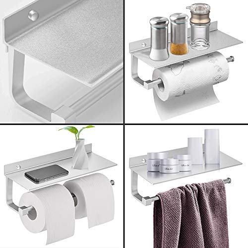 Hoimpro Paper Towel Holder Wall Mounted for Kitchen 13 Inch, Bathroom Tissue Roll Hanger with Mobile Phone Storage Shelf,Space Aluminum, Wall Mount with Screws, Dull Polished Silver - Thumbnail 4