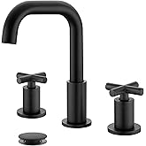 gotonovo 8 inch Widespread 3 Hole Bathroom Sink Faucet,2 Cross Handle Vanity Faucet Deck Mount Basin for Bathroom Sink 360° Swivel Spout with Pop Up Drain Matte Black