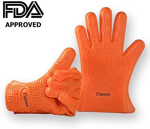 Flamen Premium Heat Resistant Silicone Cooking Glove-BBQ,Grilling,Baking, Boiling-Water Proof, Dishwasher Safe. Heat Resistant Insulated at 446 F (1 Pair)