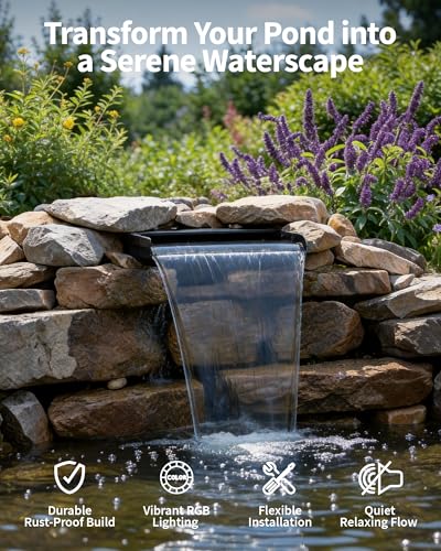 POPOSOAP 8" Pond Waterfall Spillway Filter Kit, 304 Stainless Steel Water Blade Weir with 7-Colour LED Lights & Remote, Quiet Pump, 9.84ft Hose for Garden Pond Water Feature
