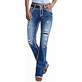 Bell Bottom Jeans for Women Stretch Distressed Ripped Flare Long Denim Pants Double-Button Closure Vintage Wash Boyfriend