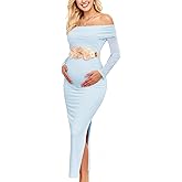 CYCLAMEN Off Shoulder Maternity Mesh Split Dress Ruched Fitted Pregnancy Dresses Baby Shower Photoshoot