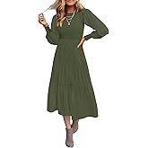 ZESICA Women's Casual Long Sleeve Crew Neck High Waist Smocked Flowy Tiered Midi Dress