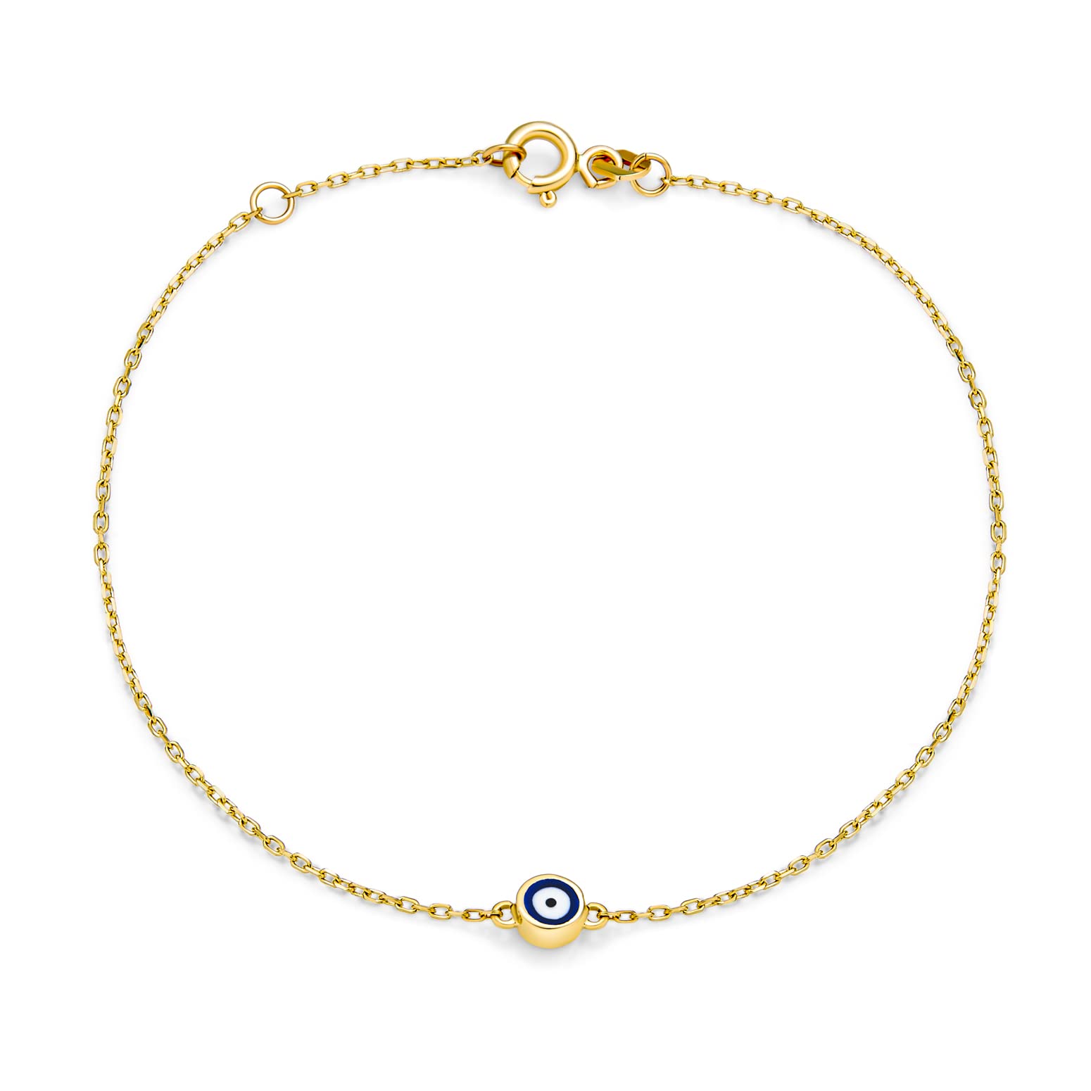 Bling Jewelry Simple Minimalist Real Yellow Gold Amulet Protection Blue Tiny Evil Eye Charm Bracelet For Teen For Women 6.5-7 Inch Adjustable Made In Turkey