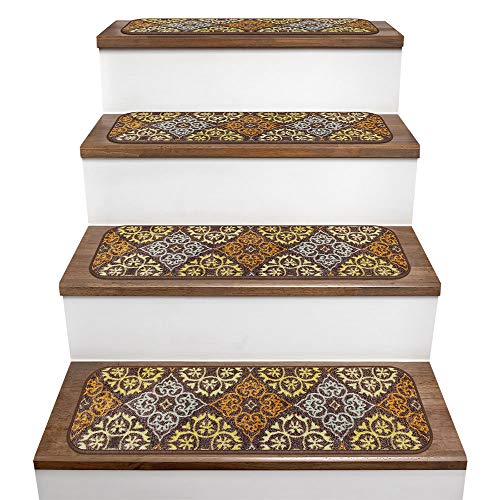 House, Home and More Set of 15 Skid-Resistant Carpet Stair Treads – Kaleidoscope Bloom – Autumn Brown – 9 Inches X 36 Inches - Thumbnail 7