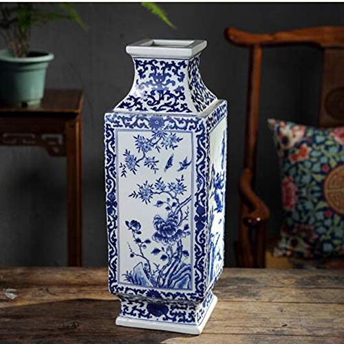 Ceramic Vase Square Blue and White Porcelain vase Living Room Home Ceramic Square vase Blue and White Porcelain Flower and Bird vase countertop