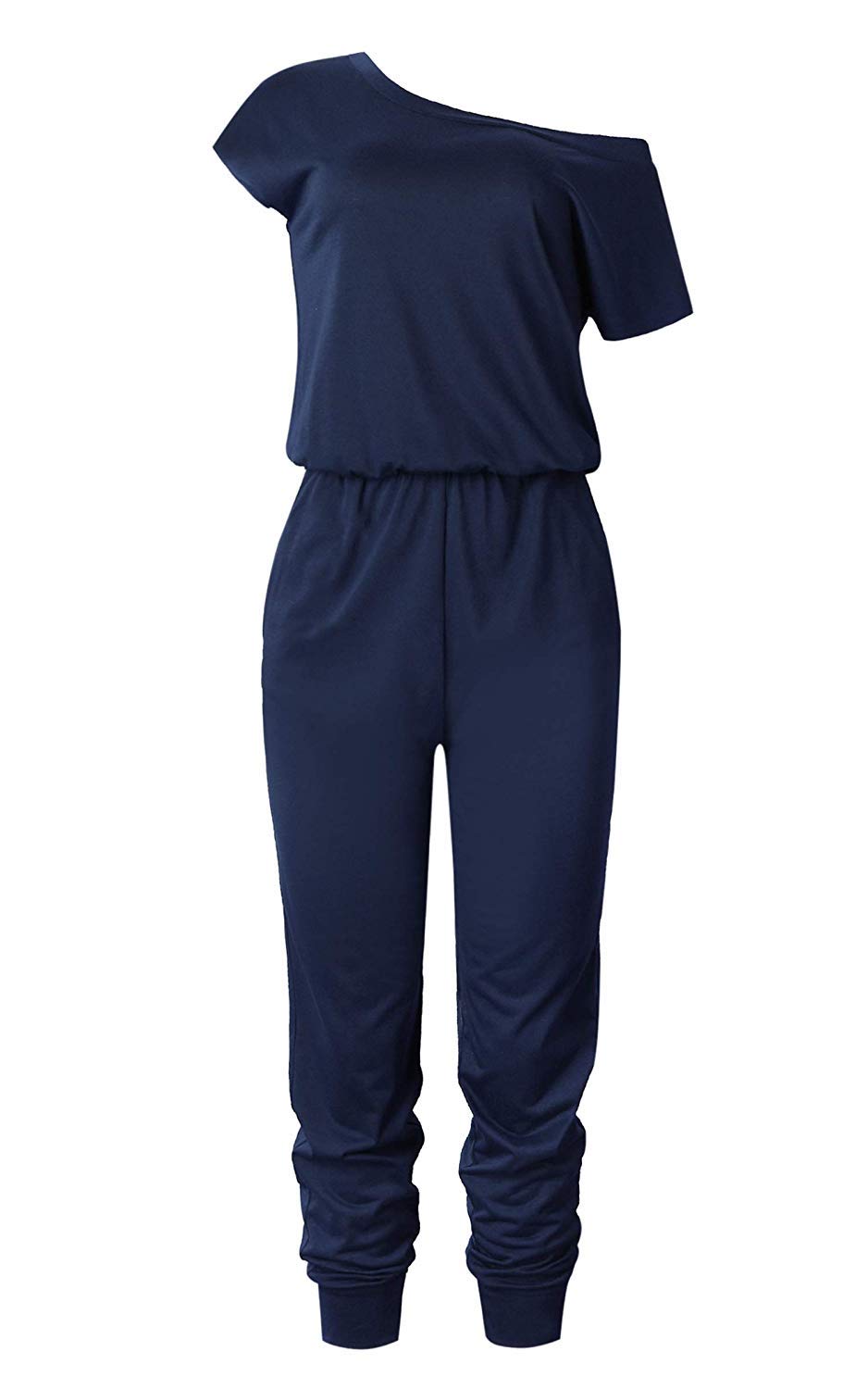 Pant Suits for Women - Cute One Off Shoulder Jumpsuits with Pockets Medium Navy Blue