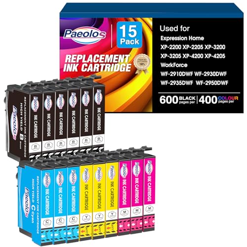 paeolos Replacement for 604XL Compatible Ink Cartridges for Epson Expression Home XP-2200 XP-2205 XP-3200 XP-3205 XP-4200 XP-4205 Workforce WF-2910 WF-2930 WF-2950 (15 Pieces)